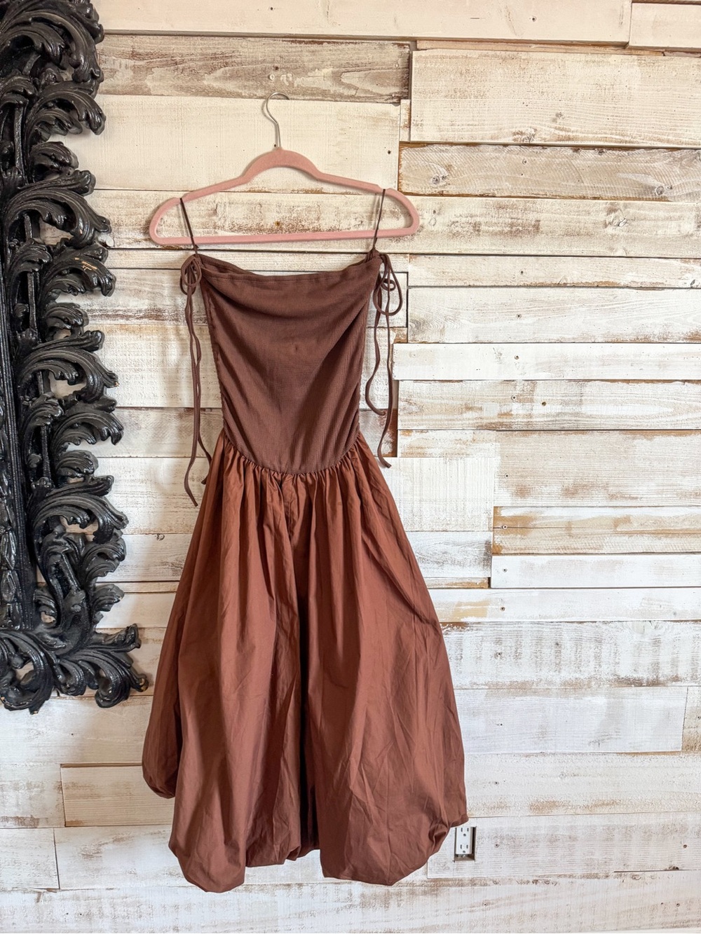 Brown Strapless Balloon Skirt Dress